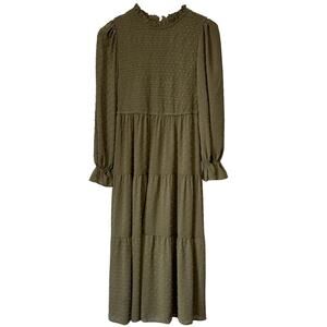 Anthropologie By The River Dot Swiss Smocked Tiered Midi Dress Olive Gre…